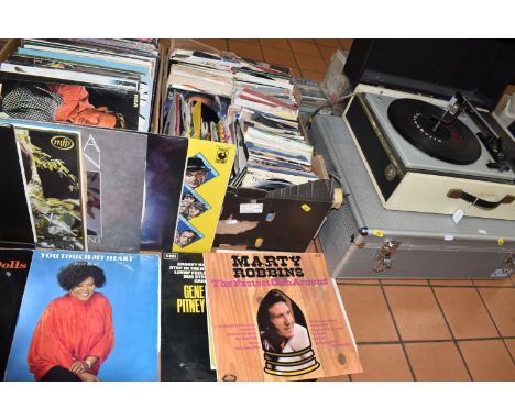 TWO BOXES AND LOOSE RECORDS, CDS, RECORD PLAYER AND CD CASE, to include a vintage Elizabethan Astronaut record player, approx