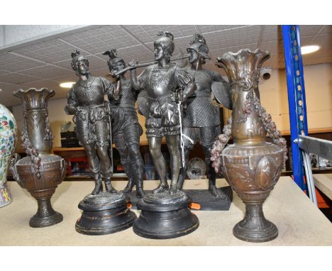 FOUR METAL FIGURES AND A PAIR OF MANTEL VASES, comprising of a pair of warrior style spelter figures bolted to a metal plinth