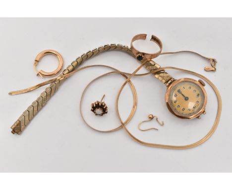 AN ASSORTMENT OF 9CT AND YELLOW METAL, to include an AF ring, hallmarked 9ct, an AF flat link chain, hallmarked 9ct, a single