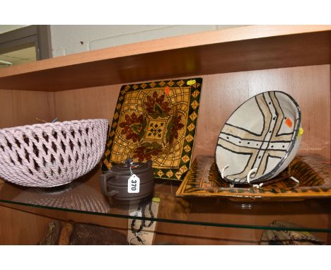 A GROUP OF MIXED CERAMICS to include two Tunisian glazed square wide-rimmed dishes with geometric and foliate patterns compri