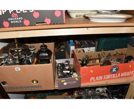 NINE BOXES AND LOOSE METALWARE, RECORDS AND MISCELLANEOUS ITEMS, to include a Kenwood Multi One mixer, approximately sixty LP