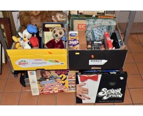 THREE BOXES AND LOOSE VINTAGE TOYS AND MISCELLANOEUS ITEMS to include vintage versions of Guess Who, Scrabble, Connect Four, 