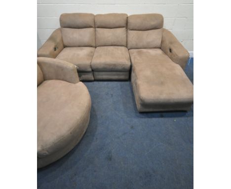 A LIGHT BROWN SUEDE ELECTRIC RECLINING CORNER SOFA, 228cm x depth 162cm x height 94cm, along with a swivel cuddle chair (cond