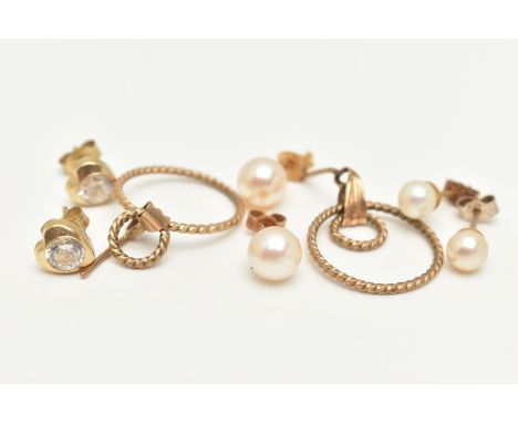 AN ASSORTMENT OF EARRINGS, to include a pair of yellow gold small door knocker style earrings, a pair of cultured pearl stud 