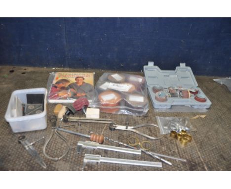 A SELECTION OF WOODTURNERS BLANKS AND TOOLS including a pack of six tropical hardwood blanks, internal and external calipers,