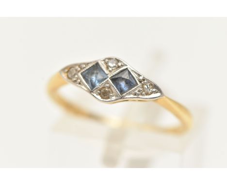 A YELLOW AND WHITE METAL SAPPHIRE AND DIAMOND ART DECO RING, ring head of a lozenge shape set with two square cut sapphires i