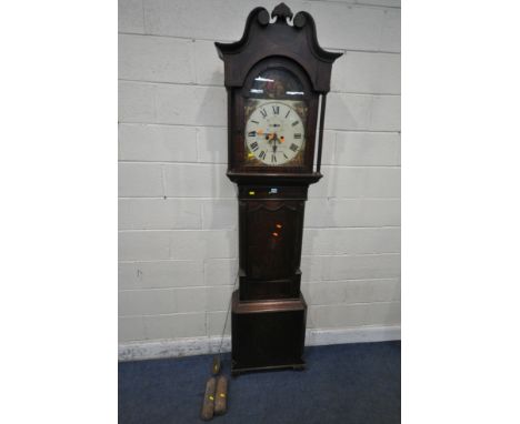 A GEORGIAN OAK AND MAHOGANY EIGHT DAY LONGCASE CLOCK, with twin swan neck pediment, the arched glass door enclosing a 13 inch