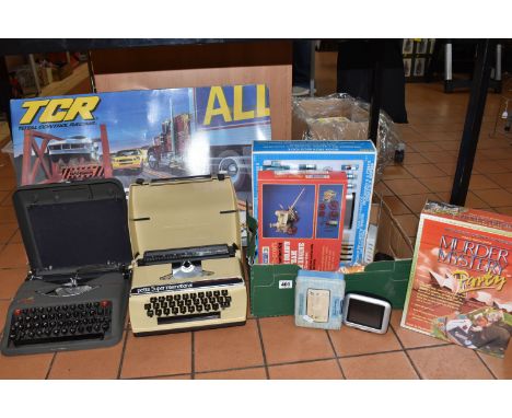 ONE BOX AND LOOSE MISCELLANEOUS ITEMS, to include two vintage typewriters in cases including typewriter cleaning tools, oil a