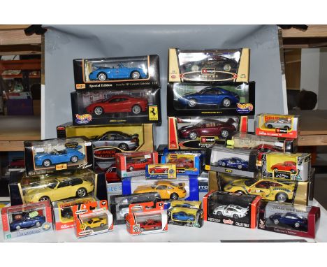 TWO BOXES OF BOXED COLLECTABLE MODEL PORCHE CARS, to include ten boxed 1:18 assorted model Porche cars, maker's names include