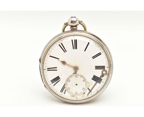 A SILVER OPEN FACE POCKET WATCH, key wound, round white Roman numeral dial, subsidiary dial at the six o'clock position (all 