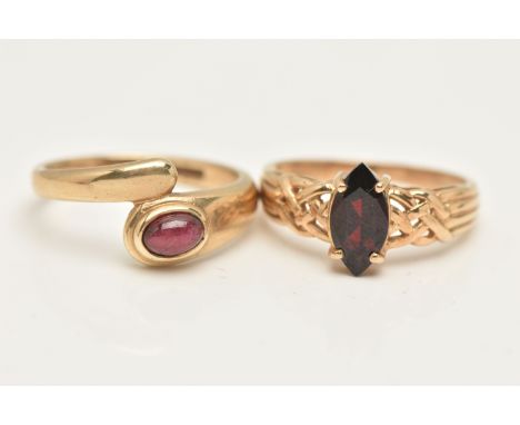 TWO 9CT GOLD GEM SET RINGS, the first set with a marquise cut garnet four claw set to the Celtic pattern open work shoulders 