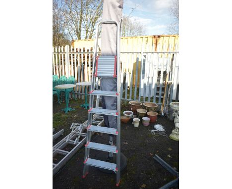 A STURDI GARDEN PARASOL, with base, along with an aluminium step ladder (2)