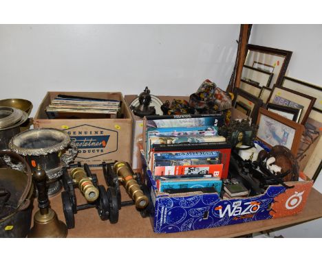 THREE BOXES AND LOOSE METALWARE, RECORDS AND SUNDRY ITEMS, to include a smoker's cabinet with pipe/parts of pipes, sets of ki