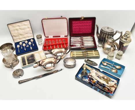 A BOX OF ASSORTED WHITE METAL WARE, to include a teapot, two gravy boats, cocktail shaker, two stag detailed bottle coasters,