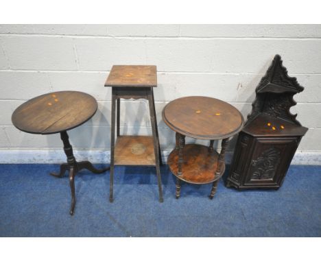 A SELECTION OF 20TH CENTURY OCCASIONAL FURNITURE, to include a corner cupboard, a two tier circular table, a plant stand, and