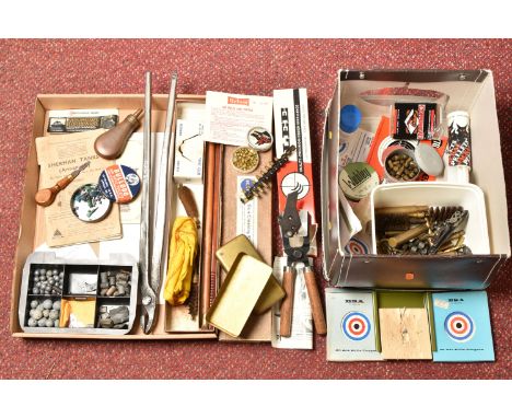 TWO BOXES OF SHOOTING ACCESSORIES AND COLLECTABLES, ETC, including an incomplete boxed Webley gun cleaning kit, a boxed Lee b