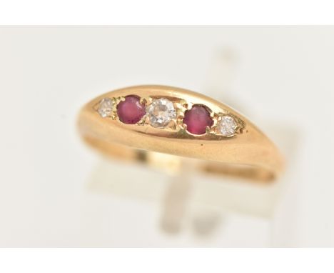 AN 18CT GOLD RUBY AND DIAMOND BOAT RING, set with three old cut diamonds interspaced with two circular cut rubies, polished m