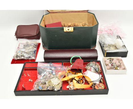 A JEWELLERY BOX WITH CONTENTS, a multi storage jewellery box with contents to include a variety of semi-precious gemstone set