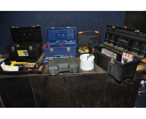 THREE TOOLBOXES, AND A CASE CONTAINING AUTOMOTIVE TOOLS including sockets, ratchets, spanners, screwdrivers, fret and scroll 