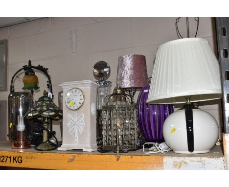 A GROUP OF TABLE LAMPS, comprising a Tiffany style centrepiece figural lamp/fountain with a green and yellow mottled glass sh