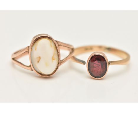 TWO GEM SET RINGS, the first a yellow metal carved conch shell cameo ring (cameo very worn), collet set to the bifurcated sho