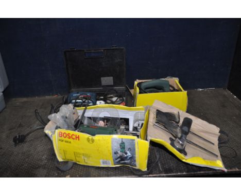 A SELECTION OF BOXED BOSCH POWER TOOLS, including a POF500A 1/4in router with cutters, a PHO15-82 planer and a PST 50 jigsaw 