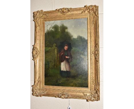JOHN ANDREW McCOLVIN (Active 1880-1910) A GENRE PORTRAIT OF A FEMALE FIGURE, the elderly woman is carrying a wicker basket on