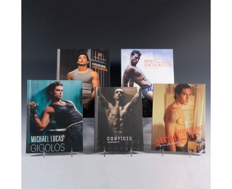 5 hardcover books presenting in color, black and white, and sepia photos of nude and seminude male models in very suggestive 