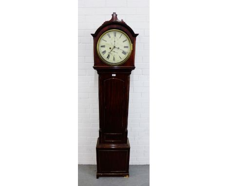 A 19th century mahogany long case clock by James Gowans of Galashiels, the domed hood with reeded edge over lathe circular di