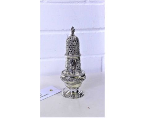 George III silver baluster sugar castor, with spiral finial and domed pierced top, with floral repousee decoration and circul