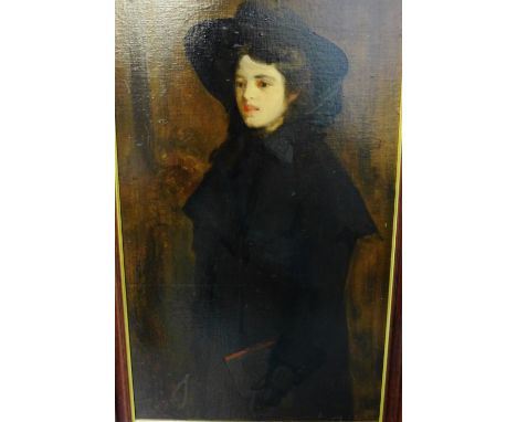 Oil-on-canvas, laid down on board of an Edwardian female in black bonnet and cloak coat, signed with initials J.R.S., framed,
