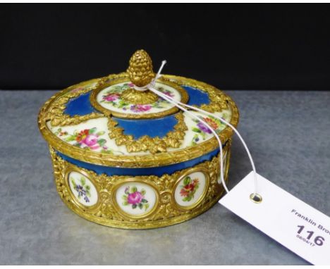 A 19th century Celeste blue and white porcelain and ormolu mounted trinket dish and cover with acorn finial (restored), 11cm 