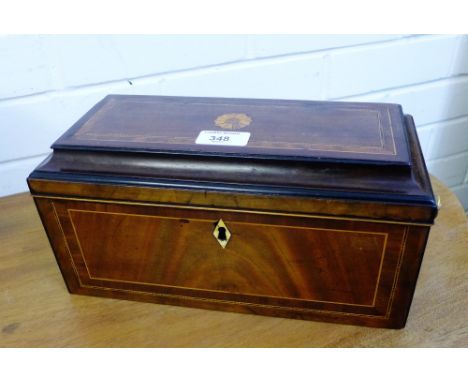 A mahogany and inlaid tea caddy box with brass handles to side, 33 x 14cm