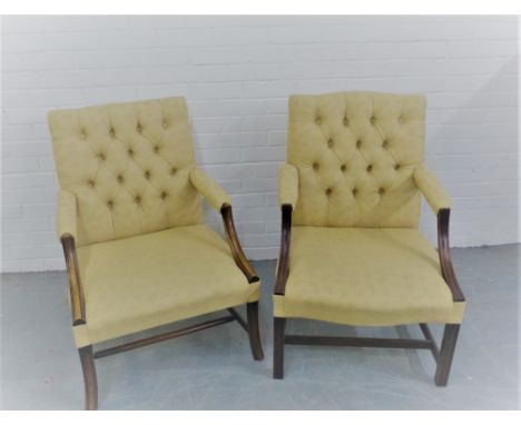 A pair of button back upholstered open armchairs, on mahogany supports, 88 x 60cm (2) 