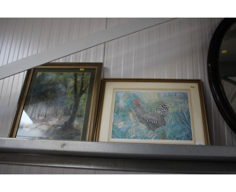 A framed and glazed print entitled "Cockerel In parkland"; together with a framed and glazed oil painting of a woodland scene