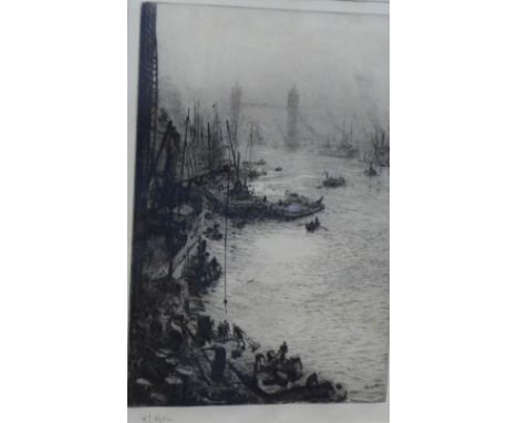 W.L Wyllie RA, (1851 - 1931)  Down Stream From London Bridge,  Drypoint etching, signed in pencil,  framed under glass, 20 x 