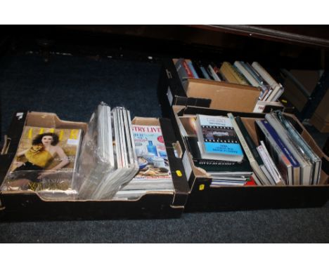 TWO TRAYS OF INTERIOR MAGAZINES & BOOKS PLUS A BOX OF AUTOMOBILE BOOKS ETC