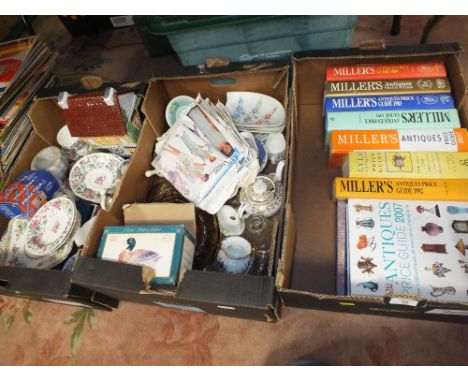 THREE TRAYS OF ASSORTED SUNDRIES TO INC A CERAMIC PUB BISCUIT BARREL