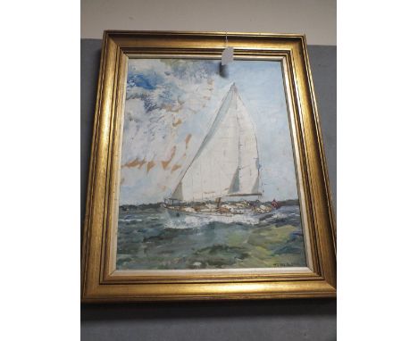 JEAN ALEXANDER (XX). A seascape with sailing vessel, signed lower right, oil on canvas on board, framed, 47.5 x 35.5 cm