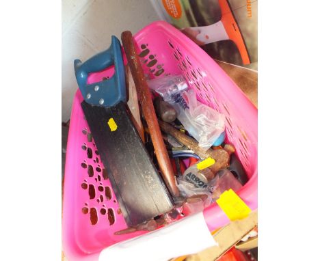 A SMALL BASKET OF HAND TOOLS ETC