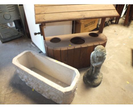 A CERAMIC GARDEN PLANTER TOGETHER WITH CRICKET GARDEN ORNAMENT, SMALL CHIMINEA AND A WOODEN PLANTER (4)