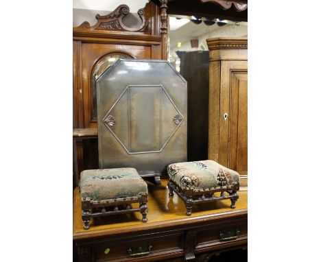 TWO SMALL EDWARDIAN FOOTSTOOLS AND A COPPER ART NOUVEAU FIRESCREEN (2)