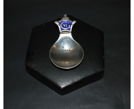 An Asprey of London commemorative tea-caddy spoon in silver with enamelled detail, for the Coronation of King George VI