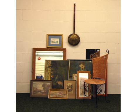 A large pine framed wall mirror, a contemporary chair, together with various pictures, prints and mirrors. 