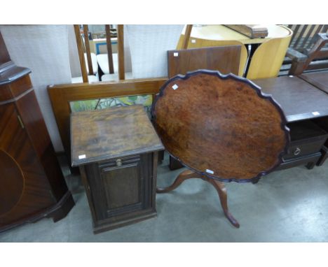 A burr walnut tilt-top tripod table, a beech purdonium, fire screen and a folding table