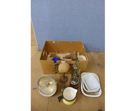 A vintage headlight, enamel ware, bottle, etc.