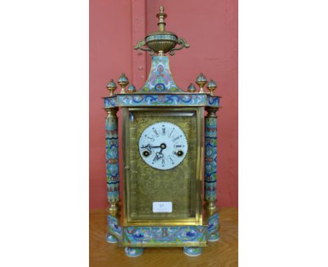 A French style brass and cloisonne mantel clock