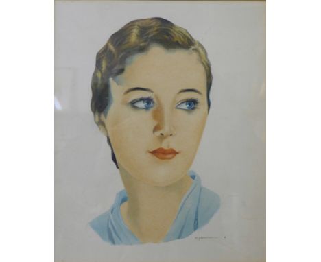 F. Percival, Art Deco portrait of lady, watercolour, 26 x 21cms, framed