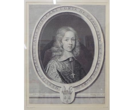 A 17th Century engraving; Charles Paris-d'Orleans, Comte de St. Paul, engraved by R. Nanteuil, dated 1660, 34 x 26cms framed 