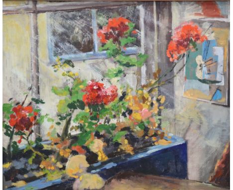 Chris Insoll, (Cornish School, Contemporary, b.1956), Winter Geraniums, Oil on board, signed bottom right, framed. Measuremen